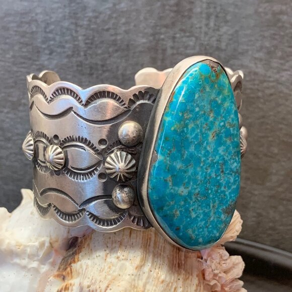 Navajo Kingsman Turquoise Stamped Sterling Silver Large Cuff Bracelet Butte J815 - Picture 4 of 8